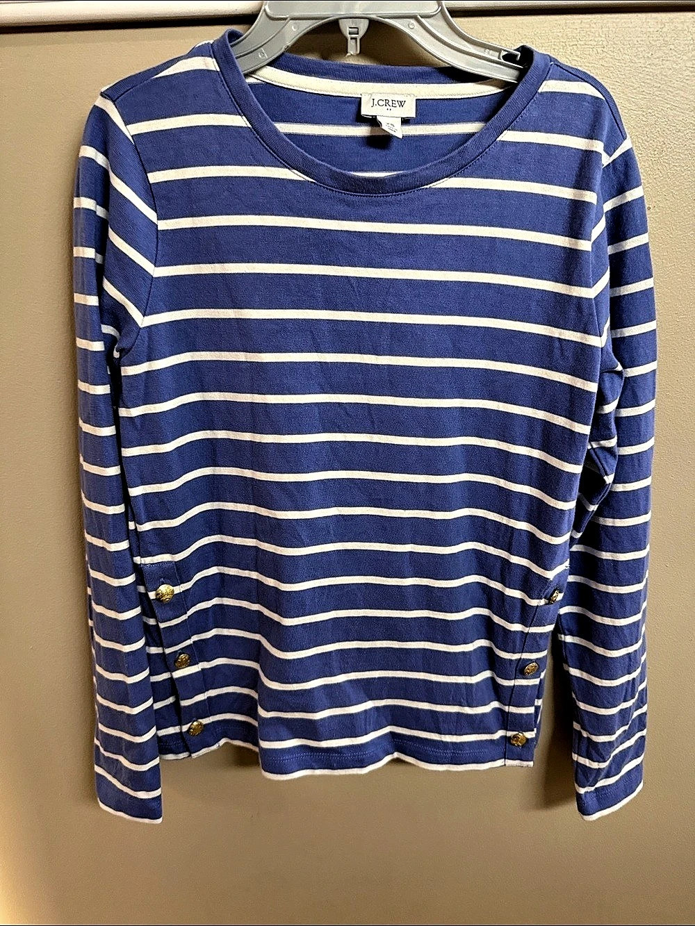 J.Crew Long-sleeve boatneck T-shirt with side buttons Blue & White XS